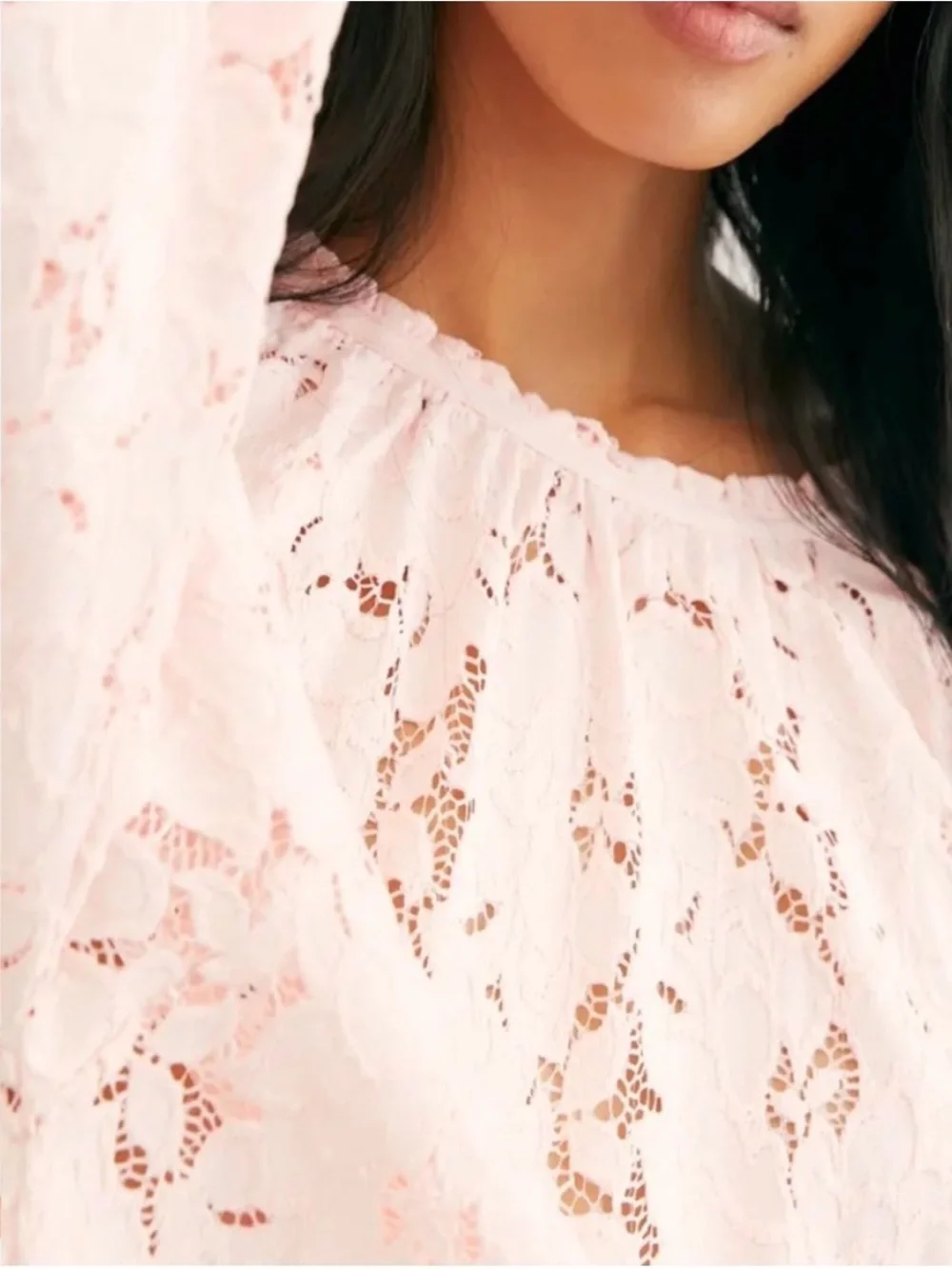 NWOT Free People Olivia Lace Balloon Sleeve Blouse Top in Pink
